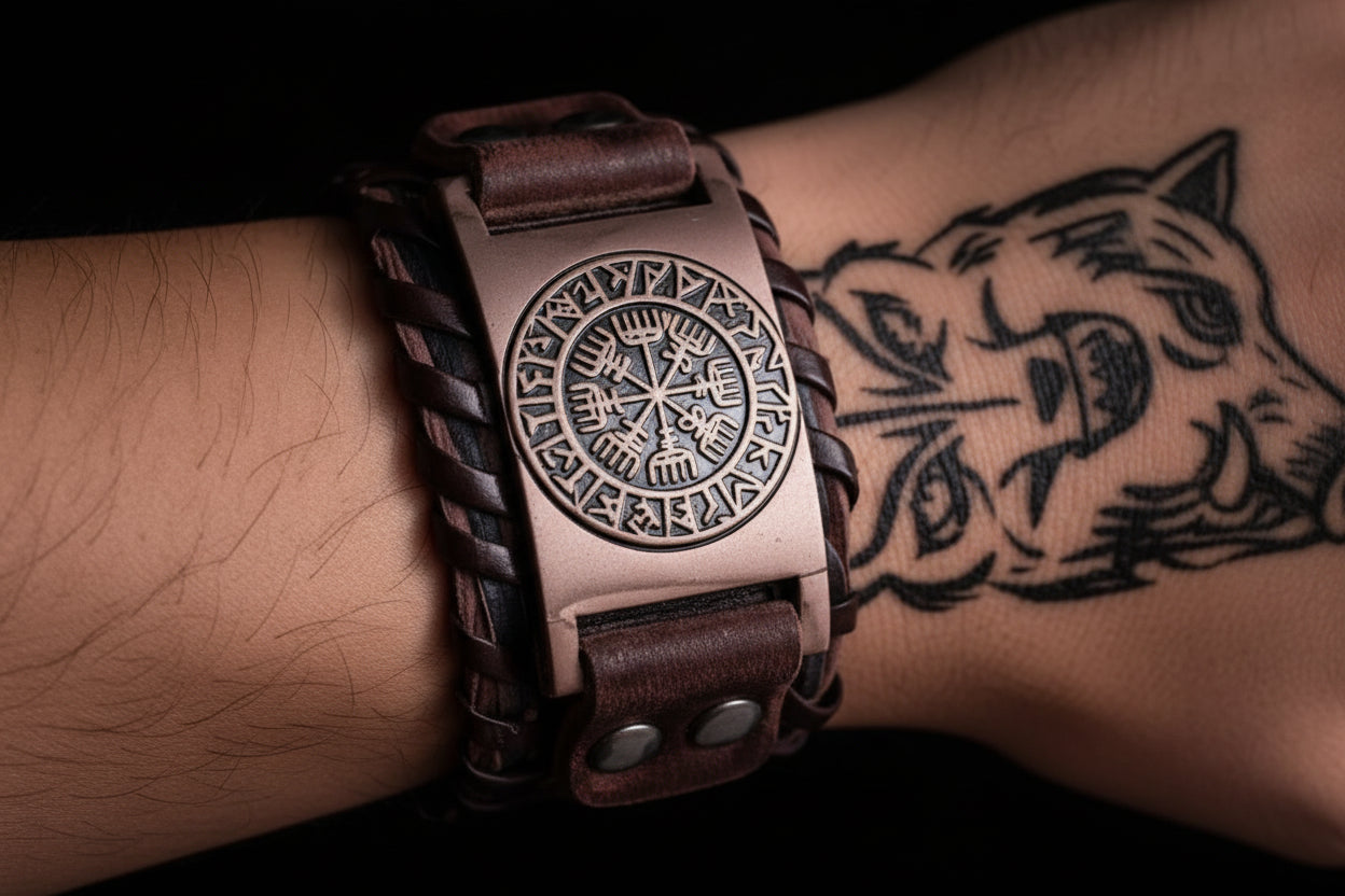 WAYFINDER VIKING BROWN - "38"mm Wide Genuine Leather Adjustable Cuff Bracelet with Stainless Steel Hook for Men & Boys