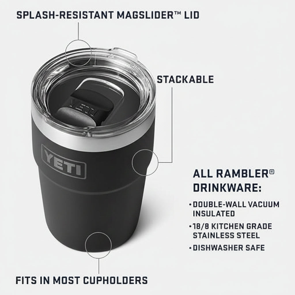 YETI Rambler 16 oz Stackable Tumbler, Vacuum Insulated, Stainless Steel with MagSlider Lid, Black