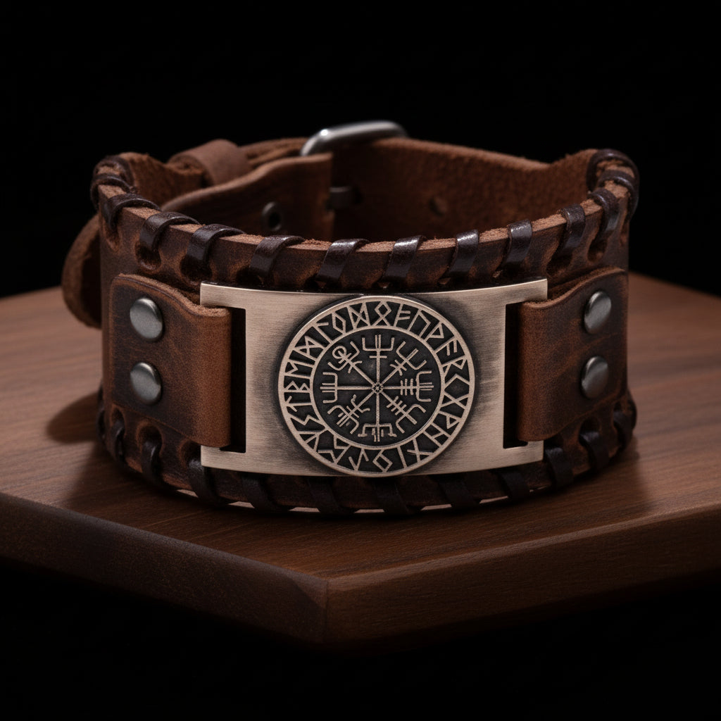 WAYFINDER VIKING BROWN - "38"mm Wide Genuine Leather Adjustable Cuff Bracelet with Stainless Steel Hook for Men &amp; Boys
