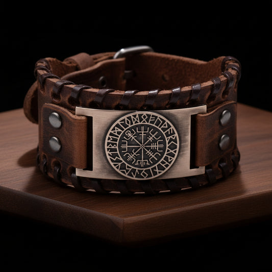 WAYFINDER VIKING BROWN - "38"mm Wide Genuine Leather Adjustable Cuff Bracelet with Stainless Steel Hook for Men &amp; Boys