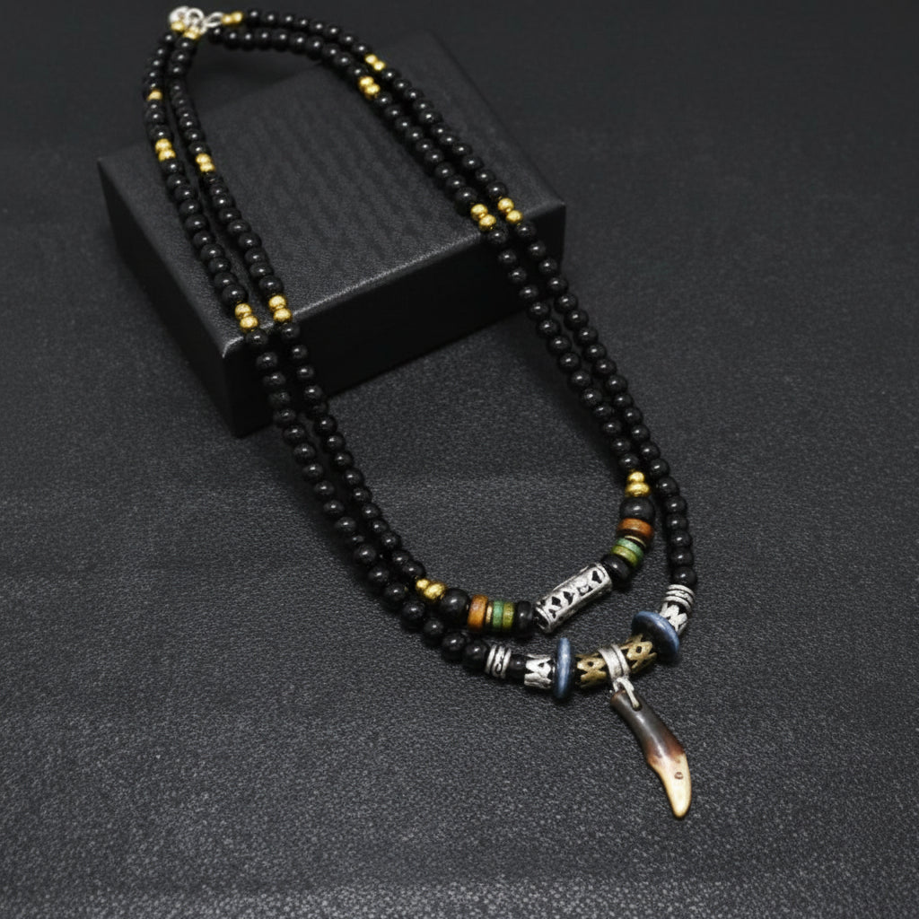BOHEMIAN WOLF TOOTH - Wolf Tooth Pendant with Beaded Multilayer Adjustable Rope Necklace for Men an Boys