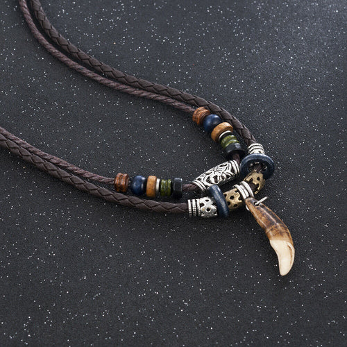 BOHEMIAN WOLF TOOTH - Wolf Tooth Pendant with Beaded Multilayer Adjustable Rope Necklace for Men an Boys